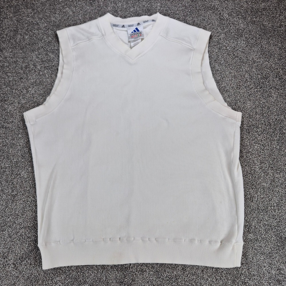 Vintage Adidas Golf Sweater Vest Mens Large White V-Neck Ribbed Cotton Blend